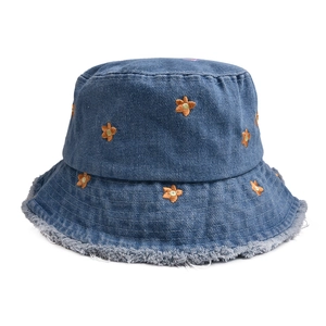 Classic blue denim bucket hat with yellow flower embroidery and frayed edge detail