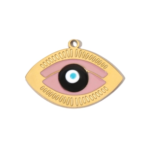 Detailed close-up of a gold triangle evil eye charm with pink and blue enamel