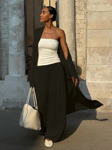 Three-piece black long cardigan set with high-waisted wide-leg trousers and white top