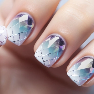 Purple Blue Gradient Press On Nails Silver Lattice Grid Holographic Glitter Square Artificial Fake Nails For Women