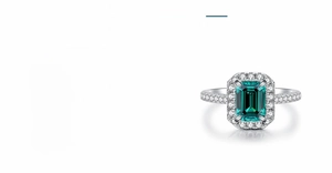 Macro detail of S925 sterling silver ring with 2 carat emerald cut green gemstone