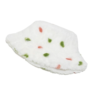White faux fur bucket hat with red and green polka dots for winter warmth