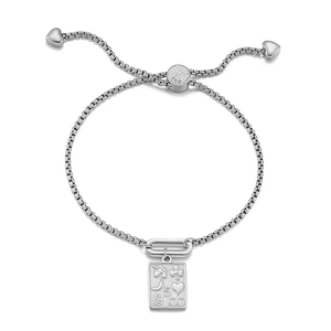 Adjustable silver box chain bracelet featuring a rectangular unicorn and clover charm