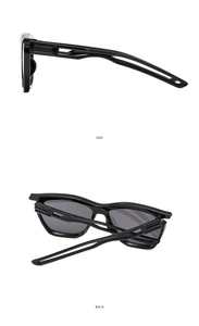 Detail view of black square sunglasses with side and back perspectives showing hollow temples