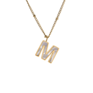 Minimalist gold titanium necklace with M-letter mother of pearl pendant on a bead chain
