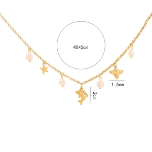 Detail showing shell necklace dimensions with starfish, bee, and dolphin pendants