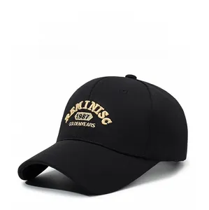 Detailed embroidery of REMINISC 1987 on black cotton twill baseball cap texture