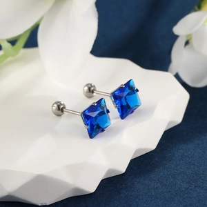 Square blue crystal earrings with stainless steel screw backs in 4-prong setting