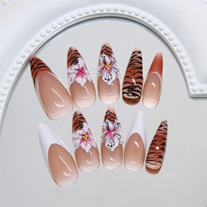 French camellia zebra pattern stiletto press-on nails set with 3D floral accents