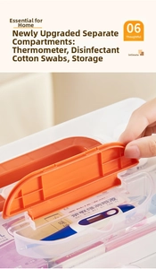 Top storage compartment of medical box for organizing thermometers and cotton swabs