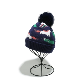 Winter knitted hat for boys featuring dark blue unicorn patterns and a large pom-pom