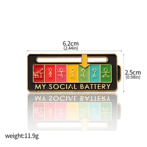 Detailed view showing dimensions and weight of the MY SOCIAL BATTERY metal pin brooch