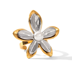 Two-tone stainless steel open ring with flower design and central white pearl