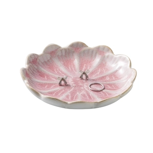 Pink lotus ceramic jewelry tray with petal textures for rings and small accessories