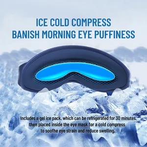 Smart sleep eye massager in deep blue with removable cooling gel pack over ice background