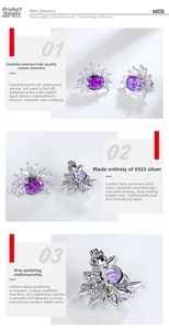 Macro shot of 925 silver stud earrings with oval purple stones and cluster zircon detail