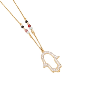 Gold Hamsa Hand pendant necklace with colorful beads and clear crystal accents