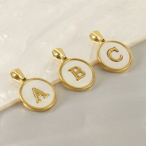 Initial Letter Pendant Necklace 18k Gold Plated Stainless Steel Round Mother Of Artificial Pearl Shell Alphabet Charm For Women