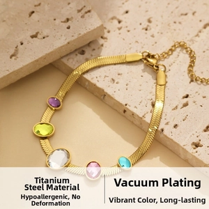 Detailed macro view of 18k gold plated titanium snake chain with five colorful zircons