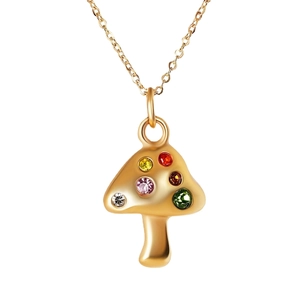 18K gold plated mushroom pendant necklace featuring colorful crystals on a dainty chain