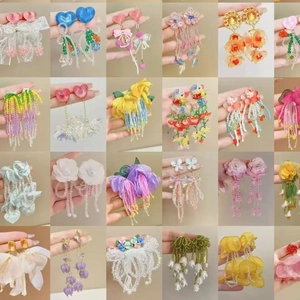 Chiffon flower tassel earrings set with colorful beads and heart charms for women
