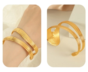 Detail of 18K gold plated cuff bracelet with vertical texture and model wrist display