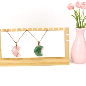 Retro handmade wire-wrapped moon pendant necklaces with natural pink quartz and green aventurine