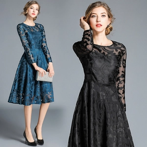 Robe Midi Élégante En Dentelle Pour Femmes Manches Longues Col Rond Coupe Ajustée Ligne A Soirée Cocktail Fête Fermeture Éclair