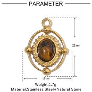 Detailed dimensions of gold stainless steel eye pendant with natural tiger eye stone