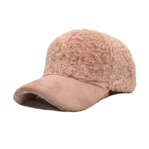 Detail of pink-orange winter baseball cap with sherpa fleece and suede brim texture