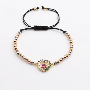 Adjustable woven bracelet with tricolor beads and heart pendant with zircon flower detail