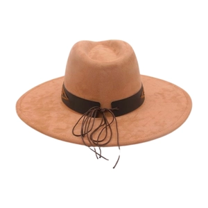 Detail of camel felt wide brim hat with black leather band and long tassels
