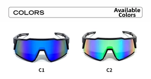 Detail view of sports cycling sunglasses with blue and green mirrored oversized lenses
