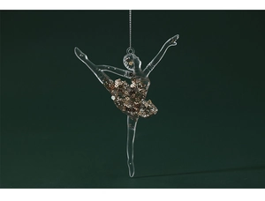 Detailed close-up of a clear acrylic ballet dancer ornament with sparkling gold sequins
