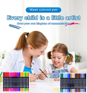 Washable dual-tip watercolor markers shown in a creative lifestyle family setting