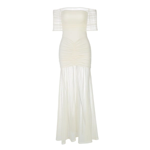 Off-shoulder ruched mesh dress in cream white with sheer layered long skirt