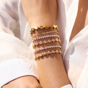 Set of 6 gold-layered bracelets for women featuring pink star and heart zircon stones