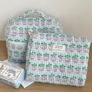 Blue checkered quilted makeup bag set with floral patterns and handle for storage