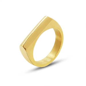Minimalist gold geometric rectangular ring with a modern brushed metal finish interior