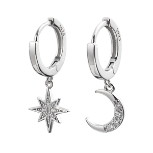S925 Sterling Silver Star and Moon Asymmetric Dangle Earrings with Cubic Zirconia