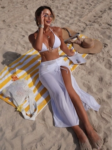 Women Halter Bikini Top Bottom And Sheer Mesh Beach Skirt Side Slit Solid Color Swimwear