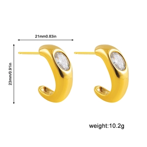 Detailed view of 18K gold plated C-shape hoop earrings with size and weight dimensions