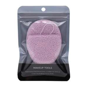 Detail of lavender teardrop sponge with porous texture in branded zip-lock packaging