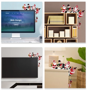 Detailed views of Christmas corner ornaments featuring Santa and Snowman on home furniture