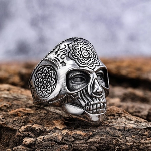 Carved stainless steel skull ring with mandala patterns and gothic bohemian design