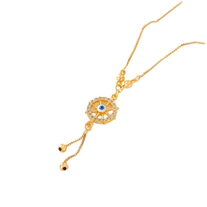 Gold Evil Eye necklace with blue enamel center and sparkling cubic zirconia halo
