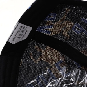 Macro view of inner lining and 100% polyester wash label on black baseball cap