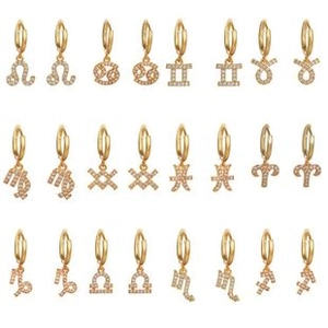 Detailed set of 12 pairs of golden zodiac sign earrings with sparkling rhinestones