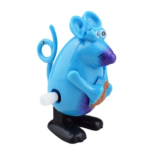 Blue wind-up toy mouse holding orange cheese for cats and pet interactive play