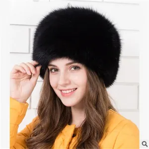 Thick black faux fox fur Russian hat for winter warmth with flat top design